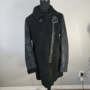 Women's black faux wool body suede sleeve zip up Y2K grunge winter jacket